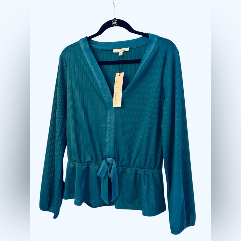 Teal Empire Tie-Waist Blouse Les Serein NWOT Gorgeous Details - Medium